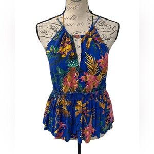 Rachel Roy Blue Floral Cutout Halter Peplum Blouse M